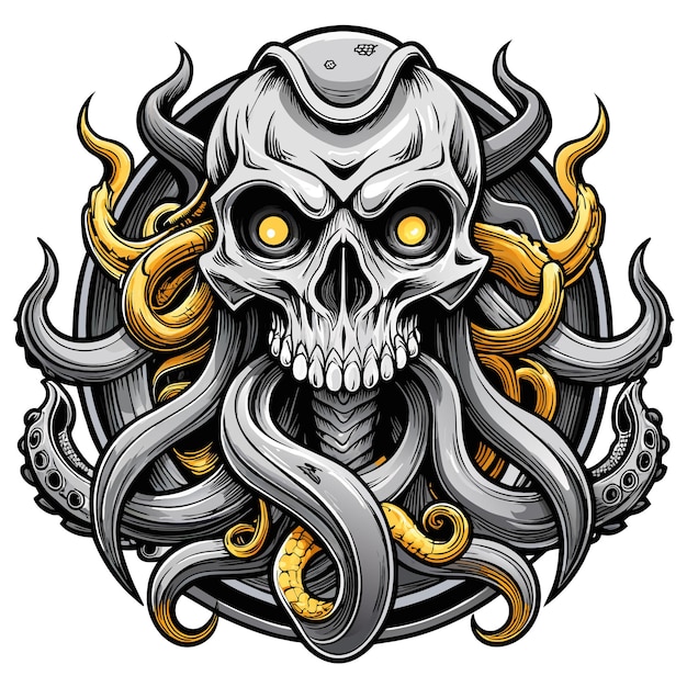 Octopus octoskull evil hand drawn cartoon character sticker icon concept isolated illustration