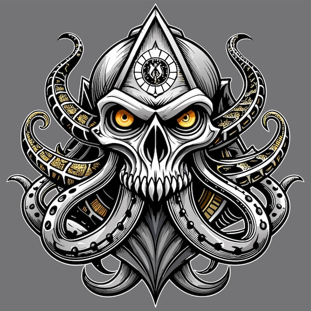 Octopus octoskull evil hand drawn cartoon character sticker icon concept isolated illustration