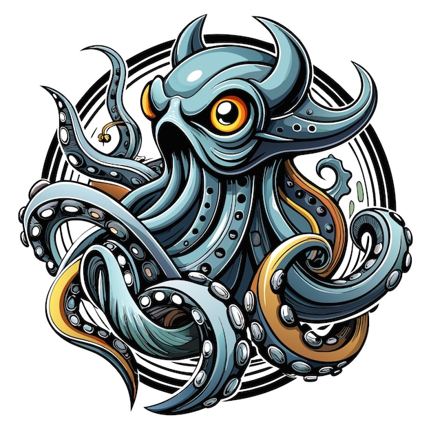 Octopus octoskull evil hand drawn cartoon character sticker icon concept isolated illustration