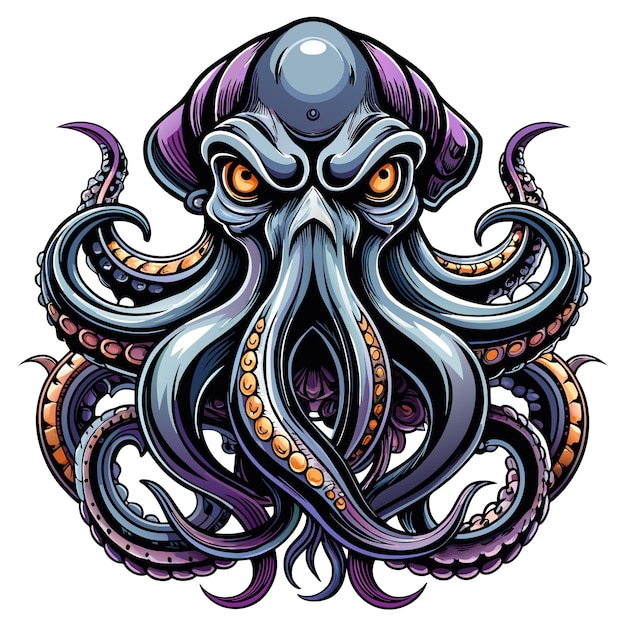 Octopus octoskull evil hand drawn cartoon character sticker icon concept isolated illustration