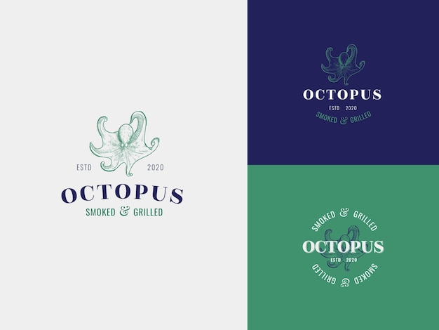 Octopus Seafood Hand Draw Logo Template with Premium Vintage Typography