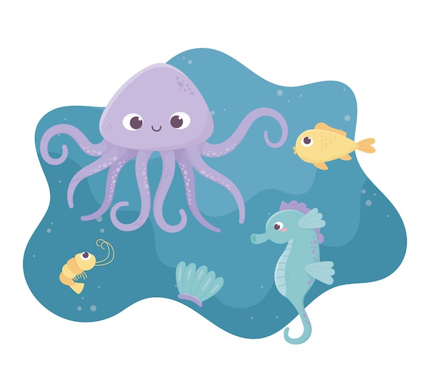 Octopus seahorse fish shrimp and shell life cartoon under the sea