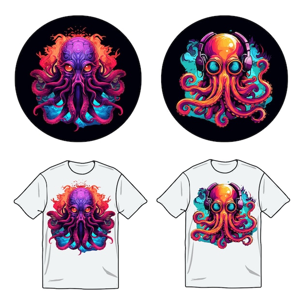 Octopus watercolor neon vector illustration in t shirt design