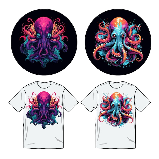 Octopus watercolor neon vector illustration in t shirt design