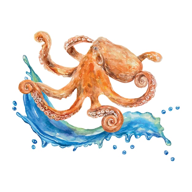 Vector octopus on the wave watercolor sea life postcards travel banners flyers labels posters covers