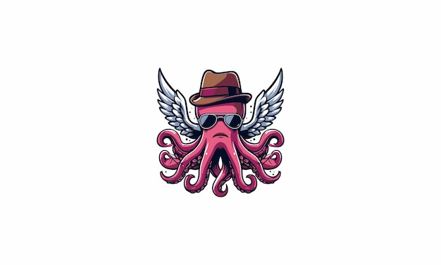 octopus wearing sun glass and hat with wings vector mascot design