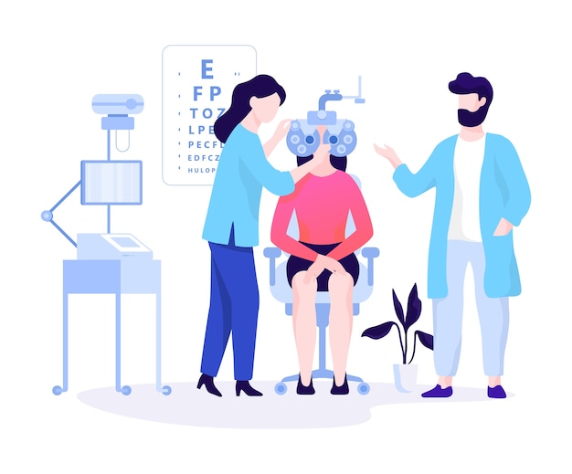 Oculist concept. Idea of eyesight examination and medical treatment. Ophthalmologist check patient.   illustration