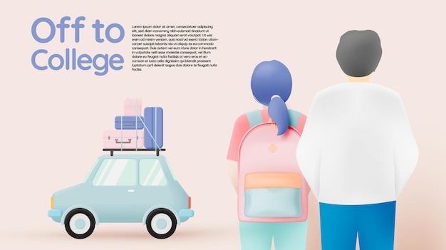 Off to college concept art with cute car with packgage on the roof in pastel color scheme vector illustration