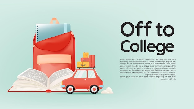 Off to college concept art with cute car with packgage on the roof in pastel color scheme vector illustration