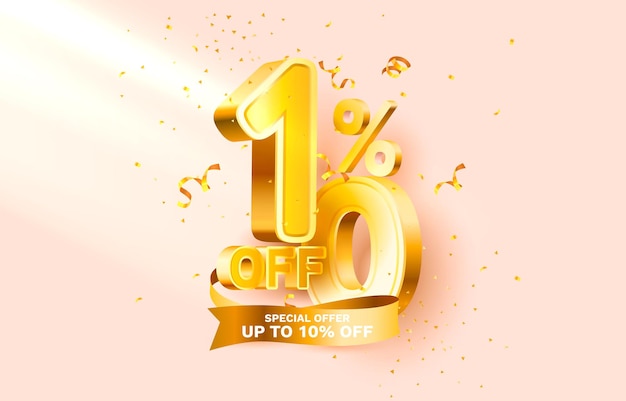 Off discount creative composition d sale symbol with decorative objects golden confetti podium and g...