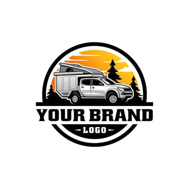 Off road camper truck RV camper van illustration logo vector with pine forest on the background