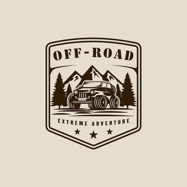 Off road car logo vintage vector illustration template icon graphic design vehicle for adventure outdoor with mountain and pine tree landscape sign or symbol with retro typography with badge