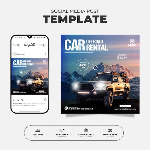 Off Road Car Rental Social Media Instagram Post Template For Promotion