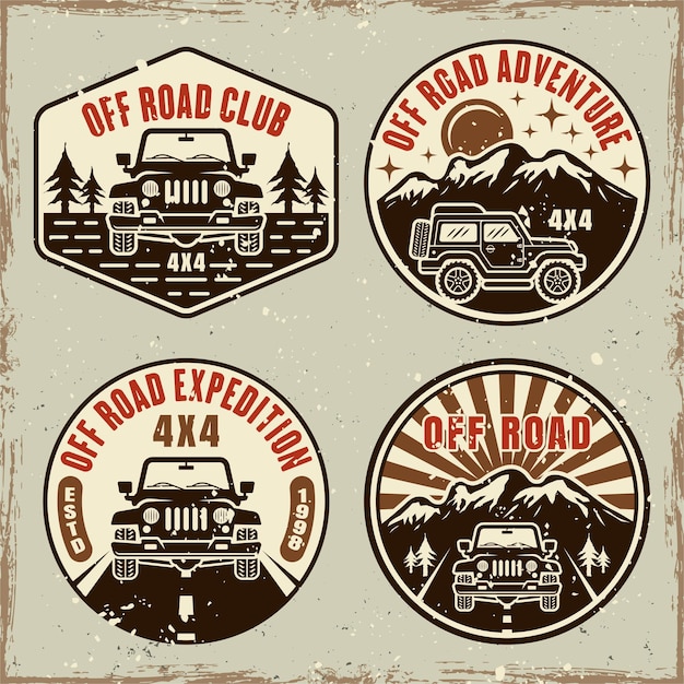 Off road club set of four colored emblems vector illustration in retro style with removable grunge textures on separate layer