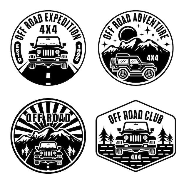 Off road and suv car set of vector emblems badges labels or logos in vintage monochrome style isolated on white background