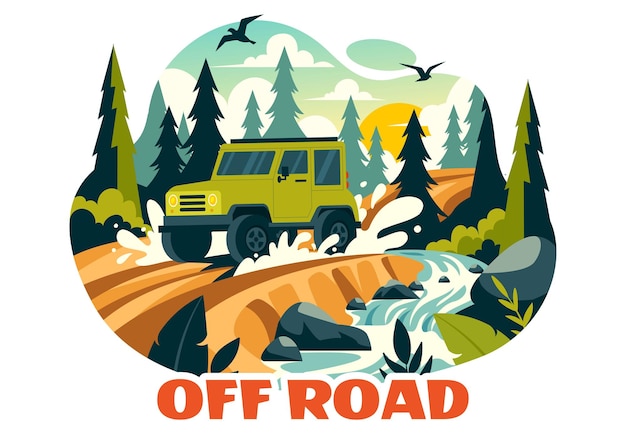 Off Road Vector Illustration of a Jeep or SUV Traversing Rocky Terrain Rivers and Sand in a Flat Extreme Sport Style Cartoon Background