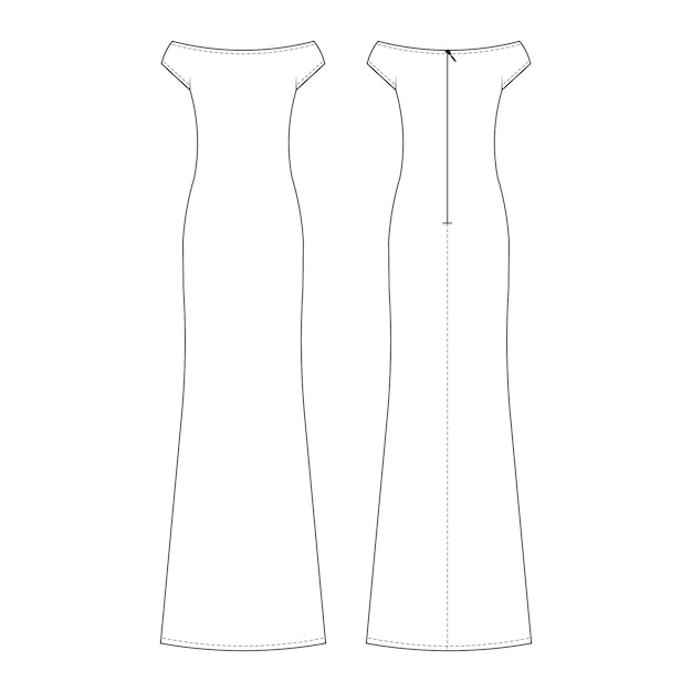 Vector off the shoulder short cap sleeve zippered mermaid long maxi gown dress template technical drawing f