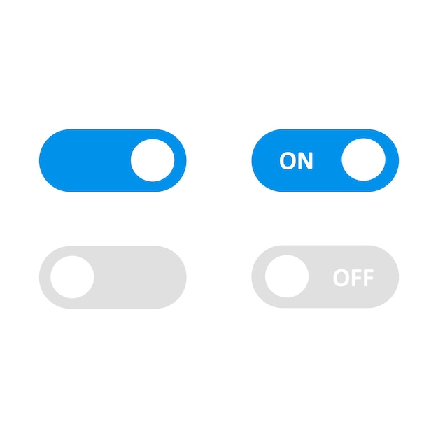 On Off slider. Vector illustration. Button. Toggle button, blue on, grey off