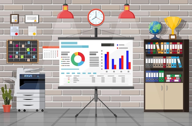 Office building interior. Projector screen, lamp, books document papers. Modern business workspace. Drawer tree, clocks, calendar printer. Modern business workplace. Flat vector illustration