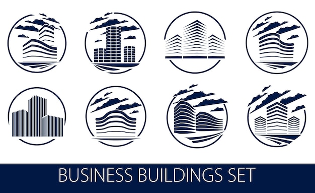 Office building round shape icons or logos set, modern architecture vector illustrations collection. Real estate realty business center designs. 3D futuristic facades in big city.