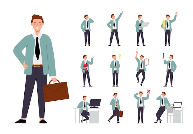 Office business man character Cartoon flat manager male in suit in different situations Isolated manager or boss financial banking decent vector person