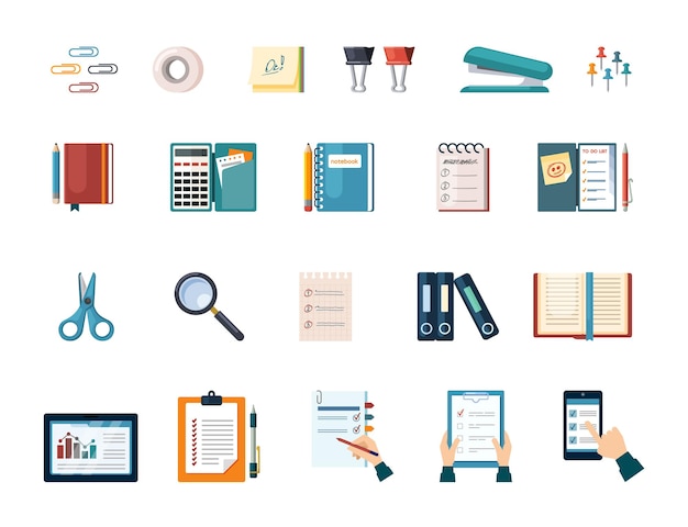 Office and business work supplies set. Document folders and calculator with management notebook magnifying glass and stapler paper clips sheets with scissors and pencil. Vector flat project.