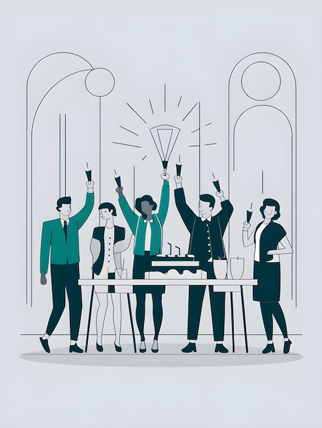 an Office Celebrating Reaching a Major Company Milestone With Champagne and Cake Vector Illustration