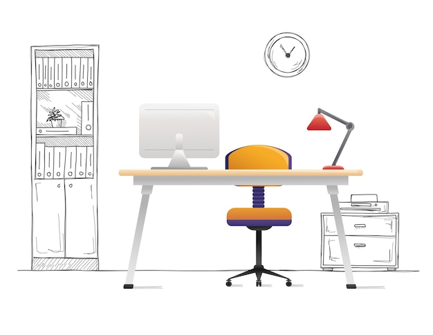 Office chair, desk, various objects on the table. Workspace in  style.  illustration