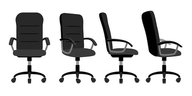 Office chair front and back. Vector minimal office chairs angle view isolated on white background, empty work stool with wheels vector illustration