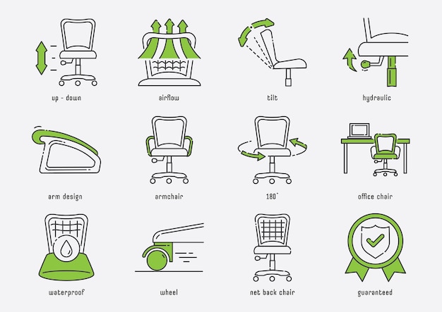 Office chair function icon set