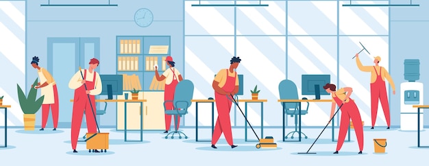 Office cleaning Team of professional cleaners mopping floor vacuuming wiping window vector concept