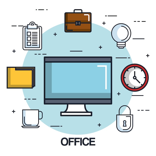 Office computer monitor clock folder briefcase checklist