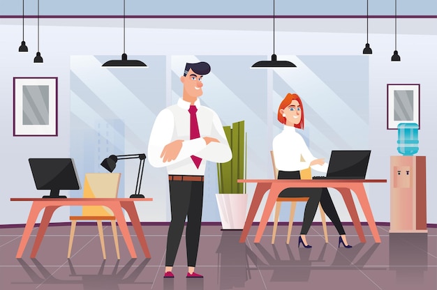 Office concept with people scene in the background cartoon style Manager supervises