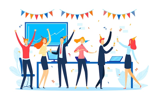 Office corporate party, cartoon happy business team character, illustration. Flat group celebration, company people work at holiday. Woman man fun celebrating with confetti.