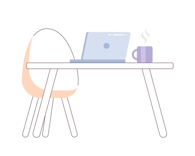 Office desk laptop with mug 2D cartoon object Workspace computer and steamed drink cup isolated vector item white background Comfortable chair table workplace color flat spot illustration