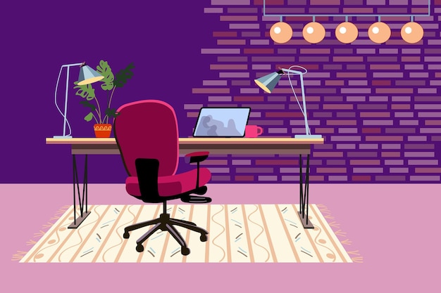 Office desk with laptop lamp coffee and indoor plant Modern business workplace Home workspace tableVector illustration flat style Eps 10