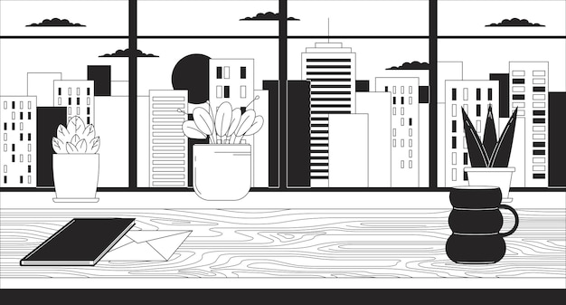 Office desk with window cityscape sunset black and white lofi wallpaper Workstation sundown urban 2D outline scene cartoon flat illustration Windowsill plants vector line lo fi aesthetic background