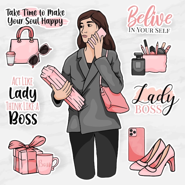 office element clip art set with a elegant lady boss modern sticker elements