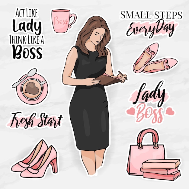 office element clip art set with a women lady boss modern sticker elements