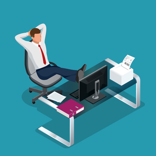 Office employee is resting flat 3d vector isometric illustration. Businessman sitting calmly on a casters chair legs crossed and hands behind head. Business boss man resting in a calm pose.