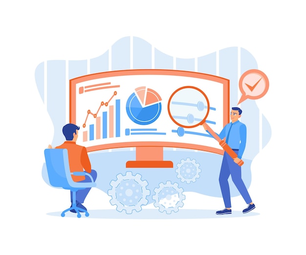 Vector office employees analyze statistical data checking financial reports on the monitor screen data analysis concept flat vector illustration