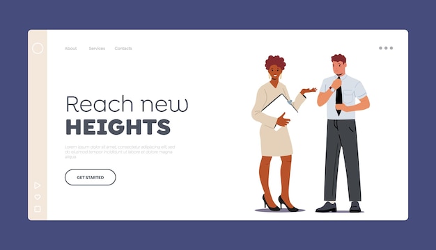 Office Employees Workers Landing Page Template Business Characters Man and Woman Wear Formal Suits Communicate