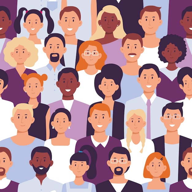 Office employees, workers team portrait and colleagues standing together seamless vector illustration