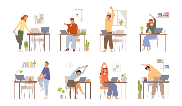 Office exercises freelancers home workplace making gymnastic vector sport exercises characters