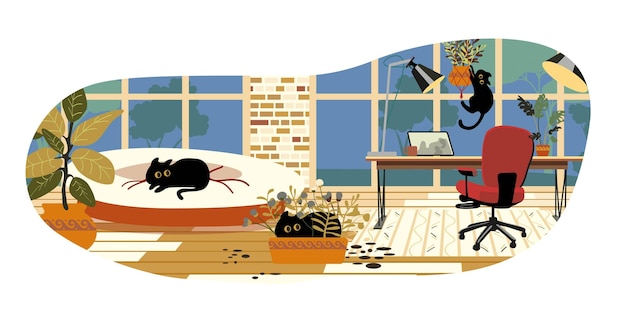 Office facilities and design isolated cartoon vector illustrations set Funny black cats in room play