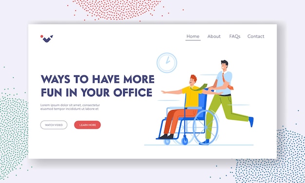 Office Fun Landing Page Template Colleague Rolling Person in Wheelchair around the Office Business People Fooling