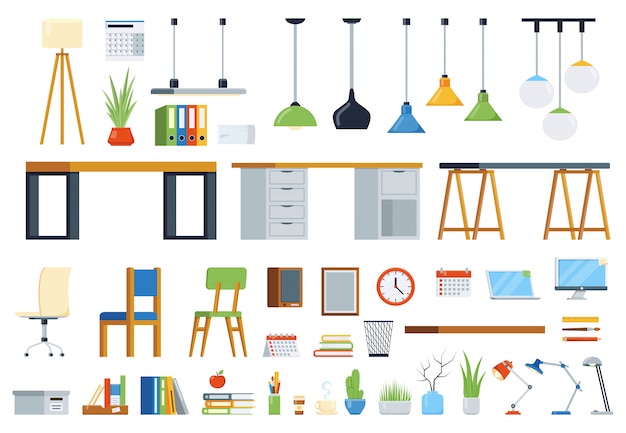 Office furniture, accessories and plants. Creation kit of workplace. Set of vector elements