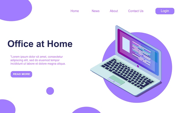 Office at home banner. Remote work concept. landing page of home freelance using notebook, distant business with isometric illustration of laptop  