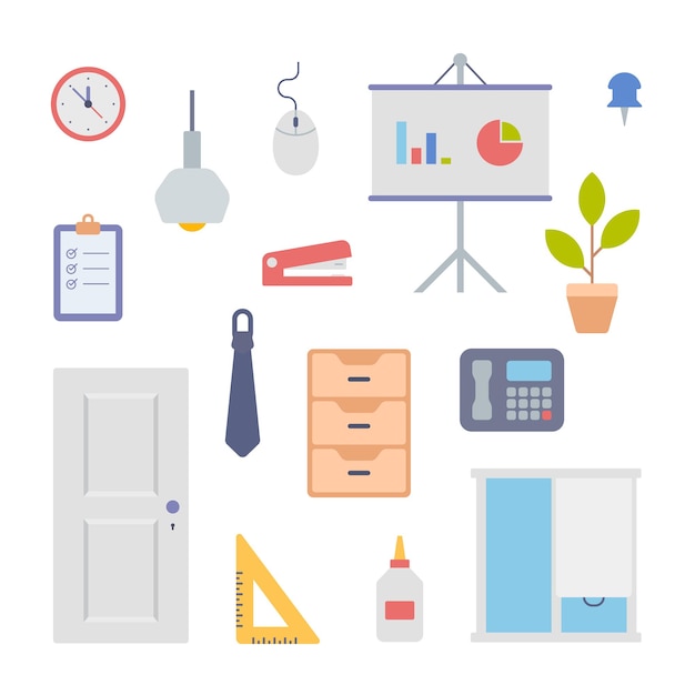 Office interior items icons set. Stand with business diagrams and boxes for documentation