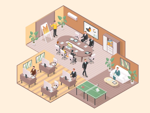 Office interior Meeting room with round board Business cooperation partnership teamwork Colleagues work together Lounge zone and workspace with computer Isometric vector illustration